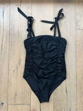 Black One Piece Swimsuit Ruched Women Medium Modest Adjustable Strap Summer